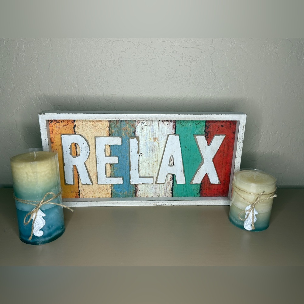 Hobby Lobby Relax Sign with Blue and Cream Candles Beach Coastal theme decor